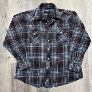 Wrangler Cotton Pearl Snap Western Shirt Blue Men's Plaid Distressed Size L